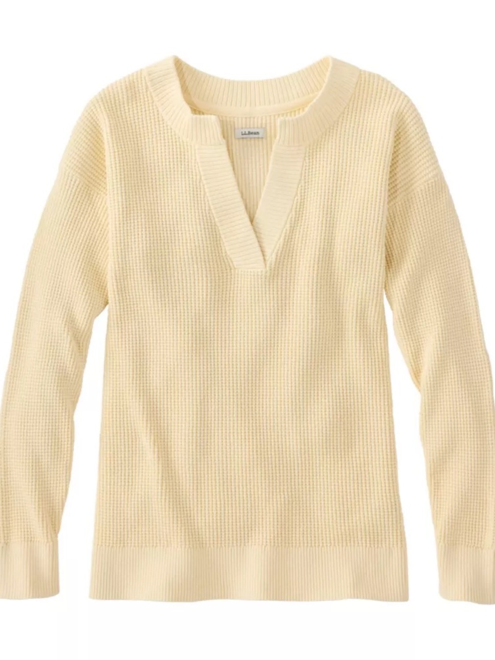 L.L. Bean Butter Yellow V‑Neck Waffle Knit Sweater. 100% cotton.